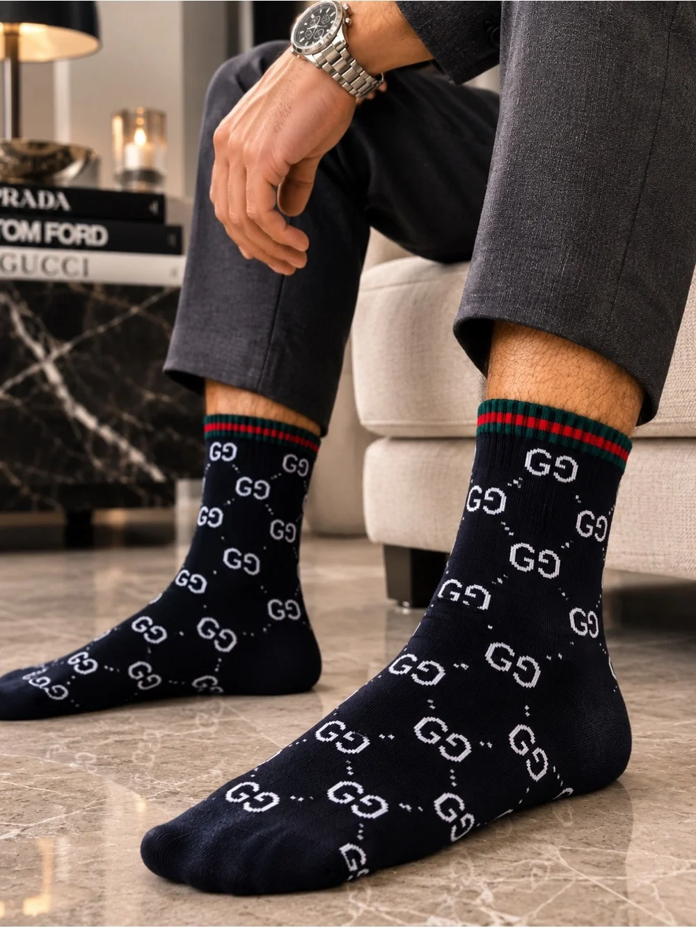 Gucci Black GG Logo Crew Socks with Green and Red Stripe